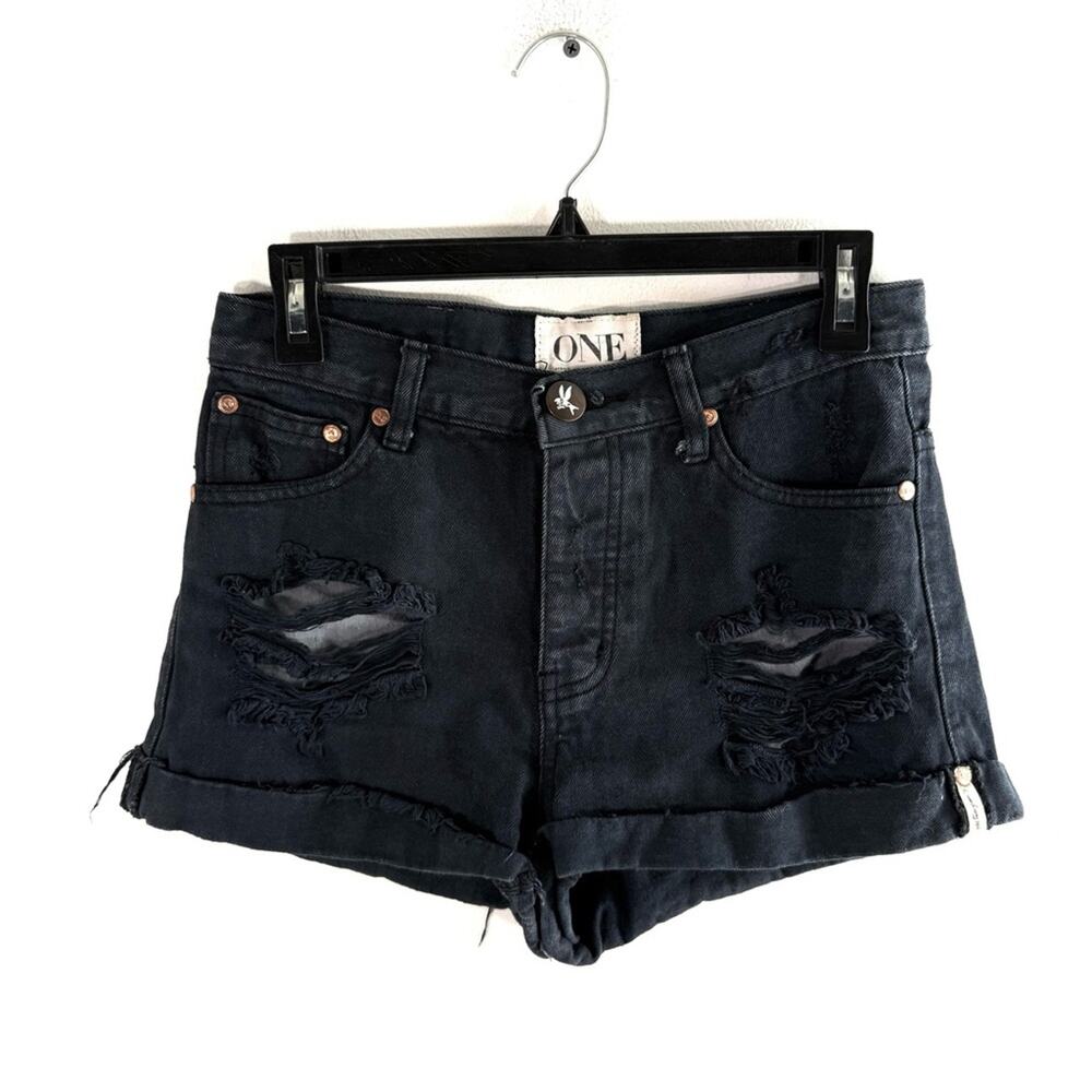 One Teaspoon Hawks Black Distressed High Rise Twisted Cuff Denim Shorts 26